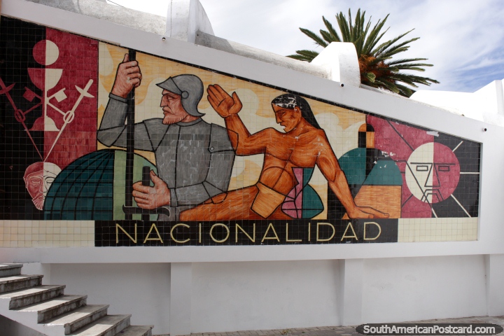 Nacionalidad, tile mural of an indigenous man and a military in Riobamba. (720x480px). Ecuador, South America.