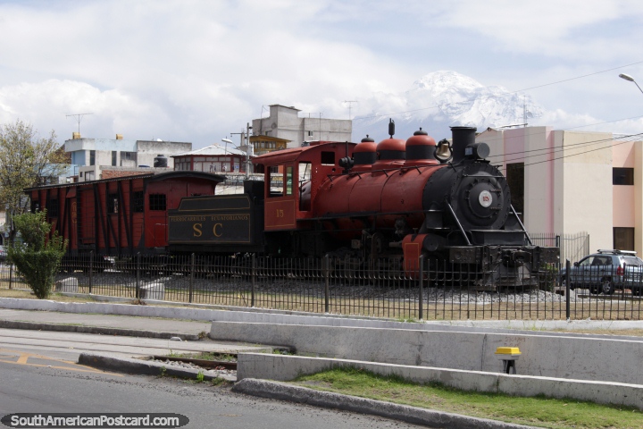 A red train monument in Riobamba, view of Chimborazo in the background. (720x480px). Ecuador, South America.