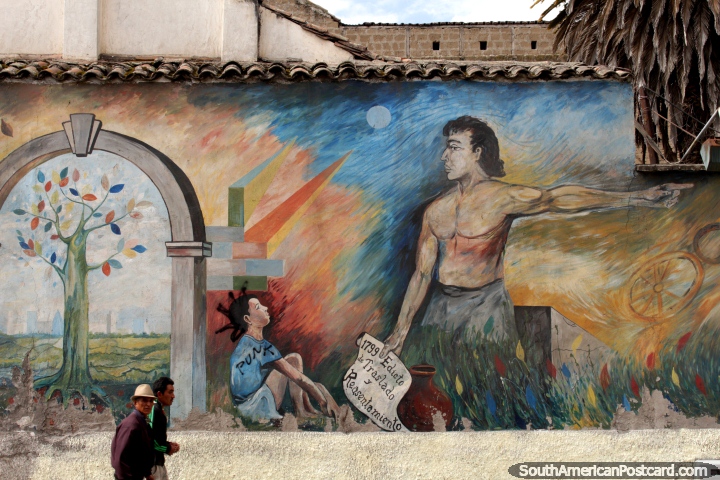 Homem e um rapaz, arcada e uma árvore, mural em Riobamba. (720x480px). Equador, América do Sul.
