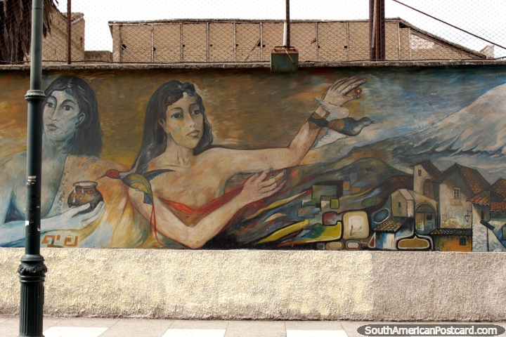 2 women, the city and the snowy mountain, mural in Riobamba. (720x480px). Ecuador, South America.