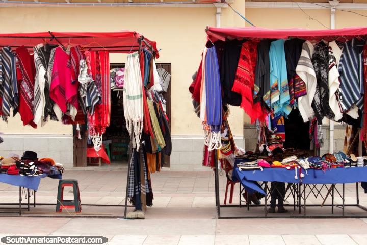 Warm mountain clothing for sale at Plaza Roja in Riobamba. (720x480px). Ecuador, South America.