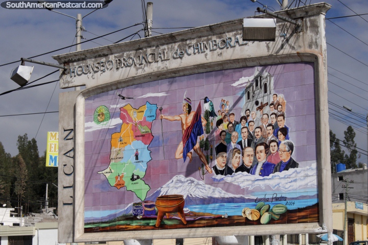 Map of the Chimborazo province plus faces of important people, tile mural on the outskirts of Riobamba city. (720x480px). Ecuador, South America.