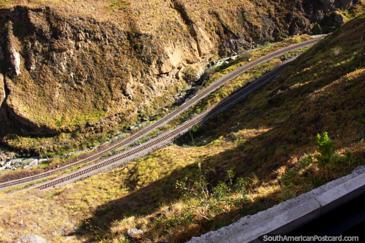 Olhar abaixo sobre um par de pistas durante o trem monta ao Nariz de Diabos de Alausi. (720x480px). Equador, América do Sul.