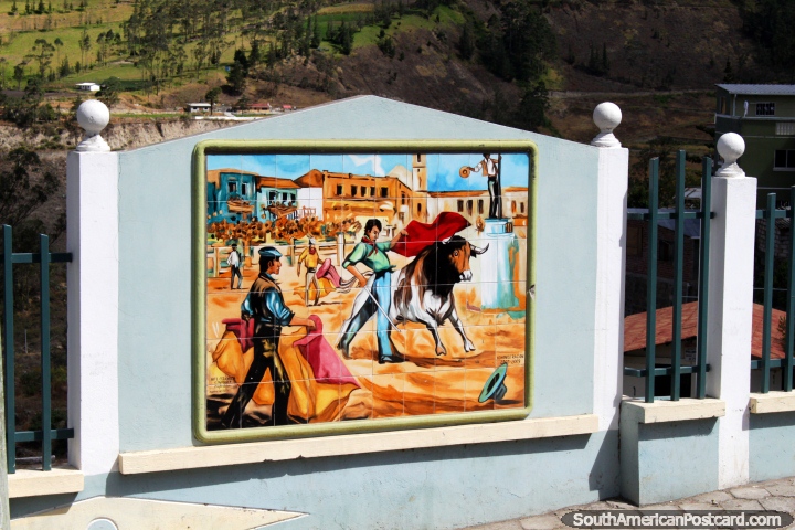 Tile mural of a bullfighting scene in Alausi. (720x480px). Ecuador, South America.