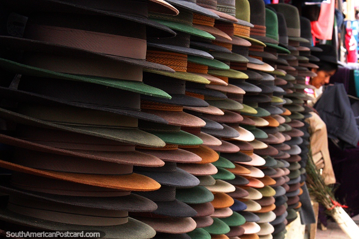 Stacks and stacks of hats for sale to the Quechua women in Alausi. (720x480px). Ecuador, South America.