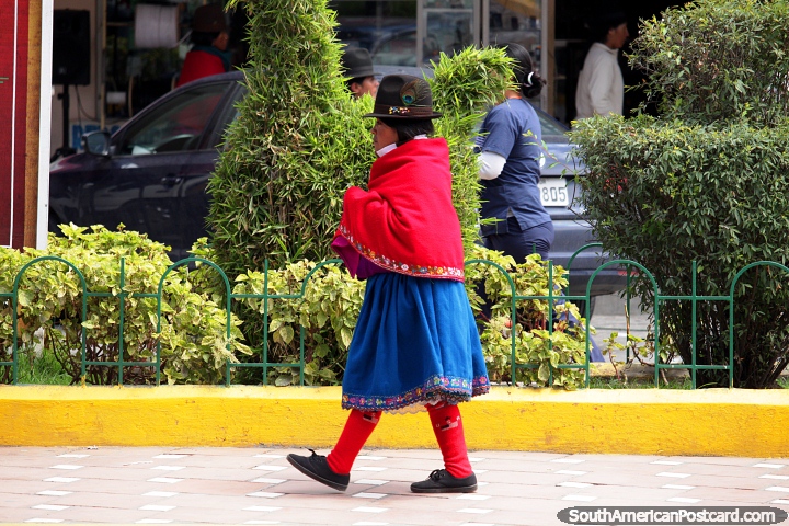 Quechua woman with a peacock feather in her hat, dressed in red and blue, Alausi. (720x480px). Ecuador, South America.