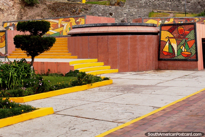 Parque Eloy Alfaro in Alausi, a park with yellow stairs and tile art. (720x480px). Ecuador, South America.