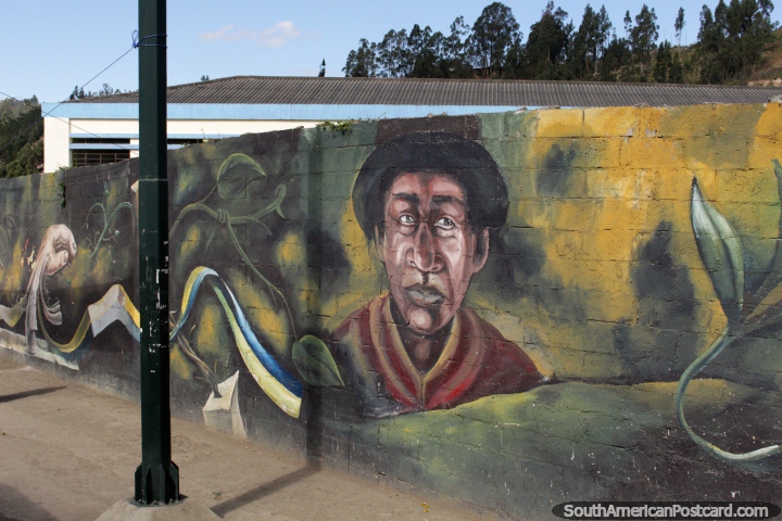 Quechua man with a black hat and red shawl, mural in Biblian. (720x480px). Ecuador, South America.