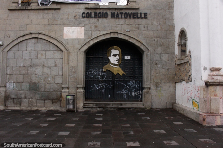 Matovelle College in Cuenca and an image of Father Jose Julio Maria Matovelle. (720x480px). Ecuador, South America.