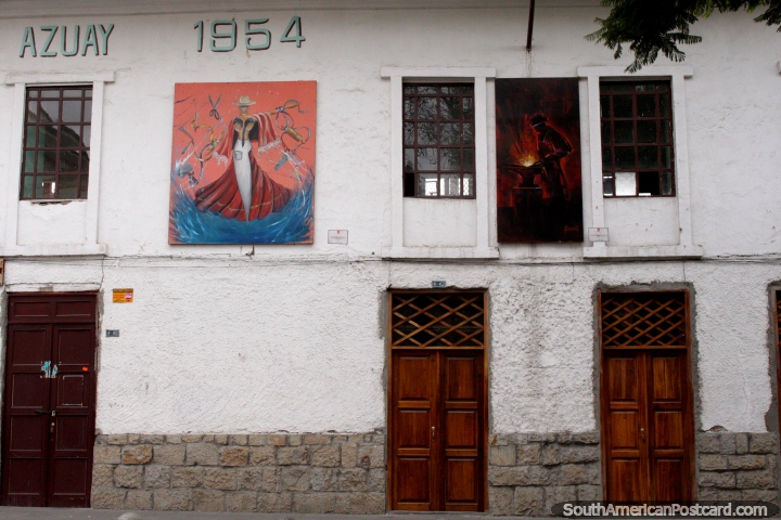 2 paintings, windows and doors at La Sociedad Alianza Obrera del Azuay building (1954) in Cuenca. (720x480px). Ecuador, South America.