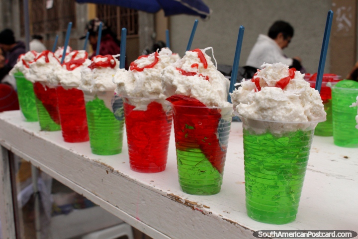 Green and red jelly with cream, served in cups at Parque Mar�a Auxiliadora in Cuenca. (720x480px). Ecuador, South America.