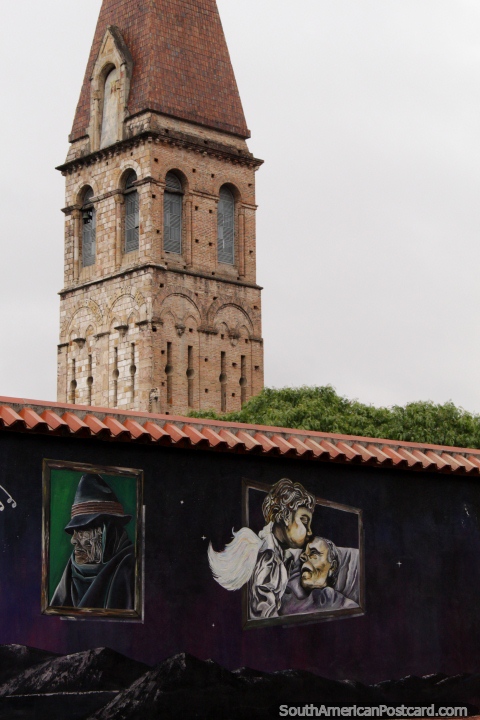 Mural of a dying man and a church behind in Cuenca. (480x720px). Ecuador, South America.