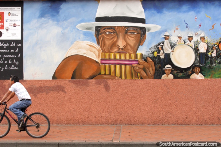 Mural de hombres con sombreros blancos que tocan los instrumentos musicales en Cuenca. (720x480px). Ecuador, Sudamerica.