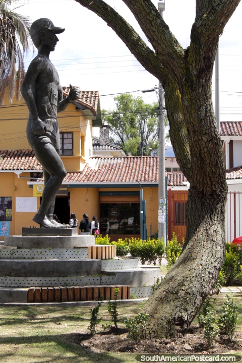 Jefferson Perez Quezada, champion race walker, born in Cuenca, statue at the park. (480x720px). Ecuador, South America.