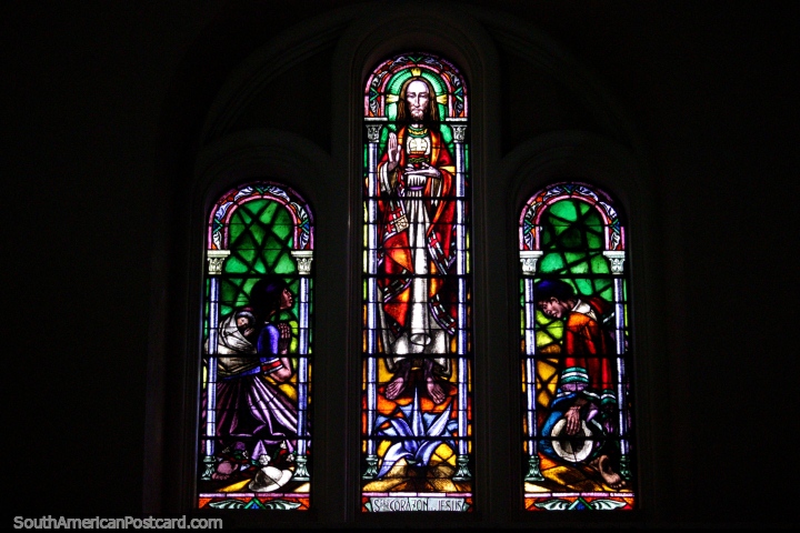 Stained glass window of Jesus at the cathedral in Cuenca. (720x480px). Ecuador, South America.