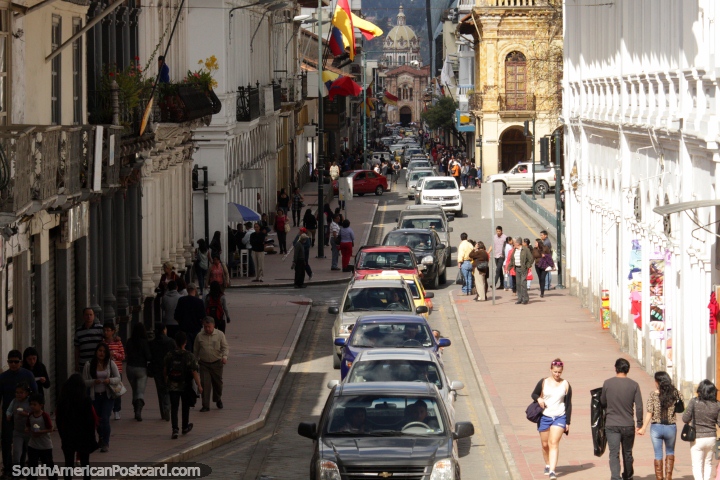 View down the street in Cuenca, great view with San Blas Church in the distance. (720x480px). Ecuador, South America.