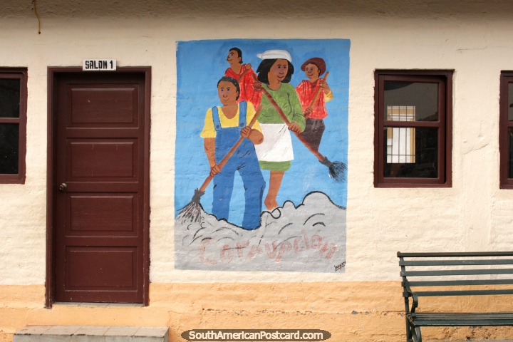 Un mural de personas que utilizan bastidores o trapeadores en Pujil. (720x480px). Ecuador, Sudamerica.