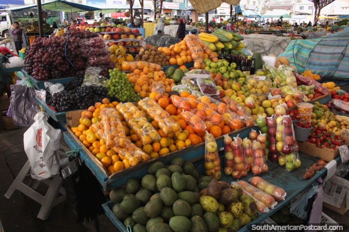 Mountains of fruit for sale at Pujili market, grapes, oranges, apples. (720x480px). Ecuador, South America.