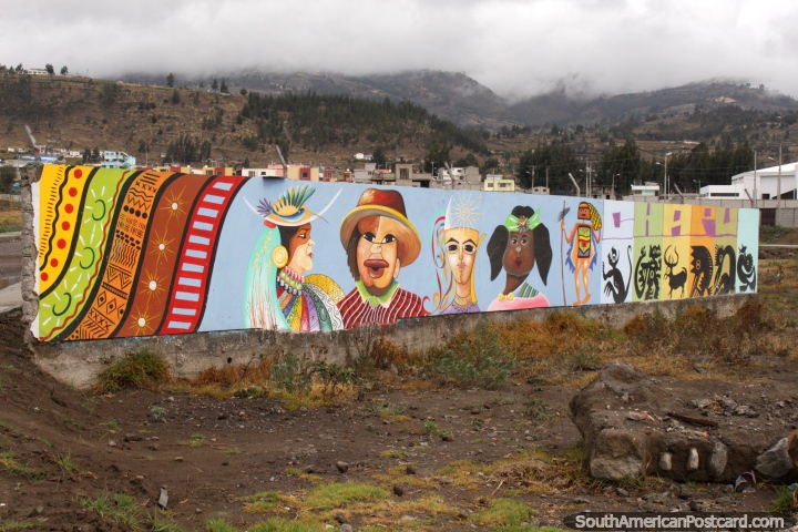 Caras do carnaval/festival de Pujili, mural ao longo da margem de estrada. (720x480px). Equador, América do Sul.