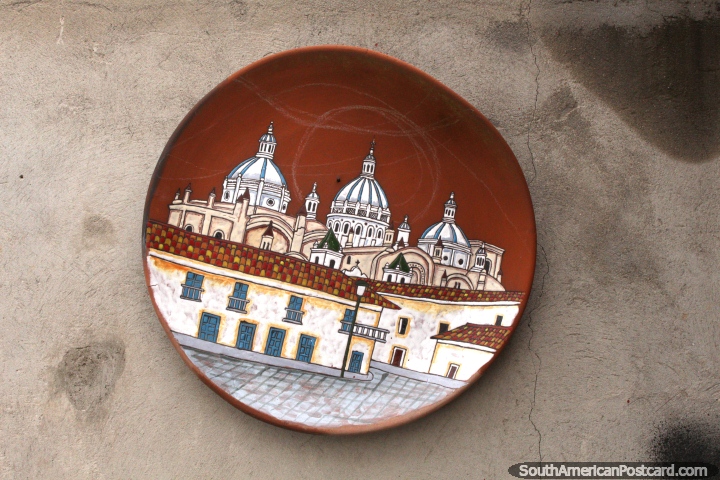 A ceramic plate with a picture of a great cathedral upon it, Pujili. (720x480px). Ecuador, South America.