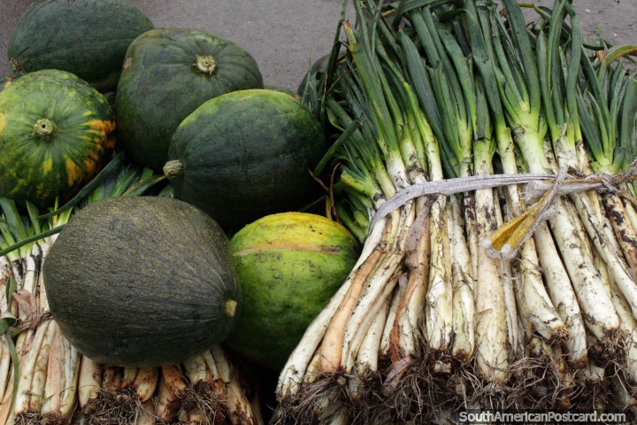 Spring onions and squash, ready for action at Saquisili market. (720x480px). Ecuador, South America.