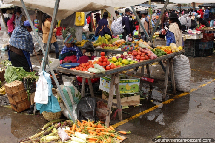 Plaza Gran Colombia in Saquisili has a mix of produce, clothes, shoes and kitchen cookups. (720x480px). Ecuador, South America.