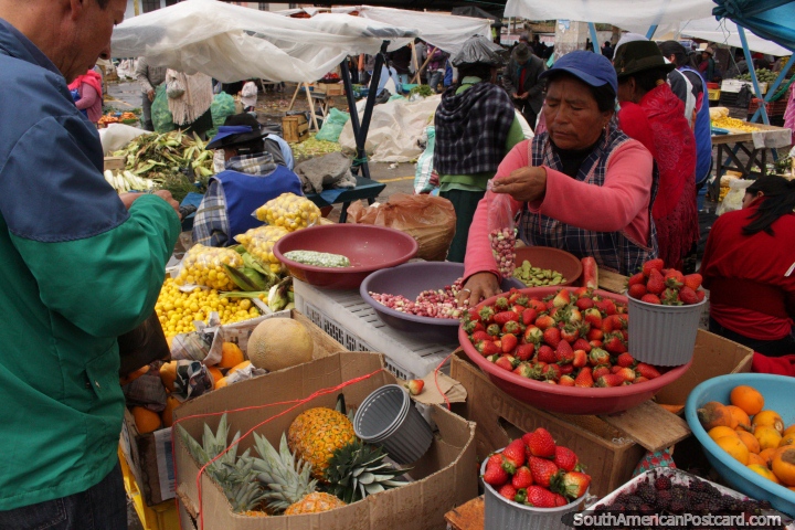 A mulher vende bolsas de feijes e batatas jovens em Praa Gran Colmbia em Saquisili. (720x480px). Equador, Amrica do Sul.