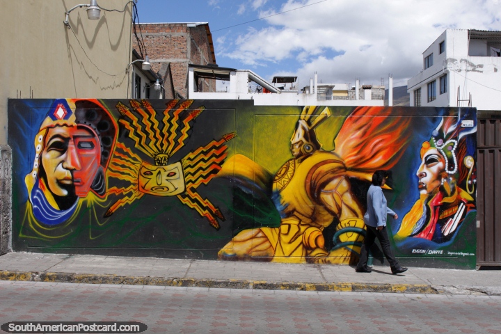 Mural de los jefes Incas en colores brillantes en Machachi. (720x480px). Ecuador, Sudamerica.