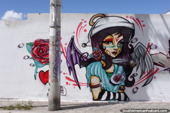 Una nia con alas, una rosa y un corazn, mural en Machachi. (720x480px). Ecuador, Sudamerica.