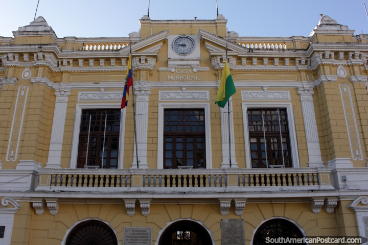 Municipal Palace and theatre, yellow historic building in Machachi. (720x480px). Ecuador, South America.