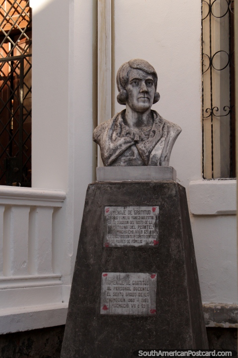 Isabel Yanez, bust in Machachi, has a school in her name. (480x720px). Ecuador, South America.