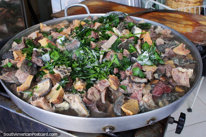 Meat and vegetable broth cooking beside the street in Cayambe. (720x480px). Ecuador, South America.