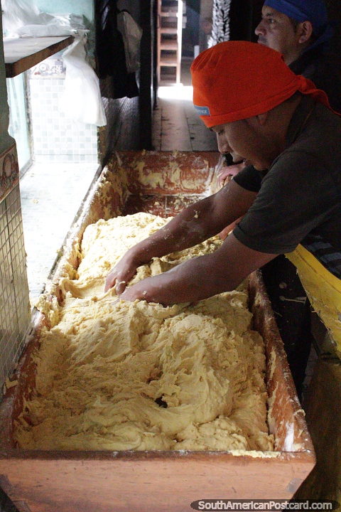 Preparation of the bizcocho mixture at San Pedro Bizcochos in Cayambe. (480x720px). Ecuador, South America.