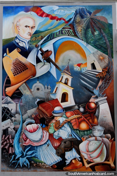 Mural que representa el regreso de la gente de Ibarra después del terremoto de 1868. (480x720px). Ecuador, Sudamerica.