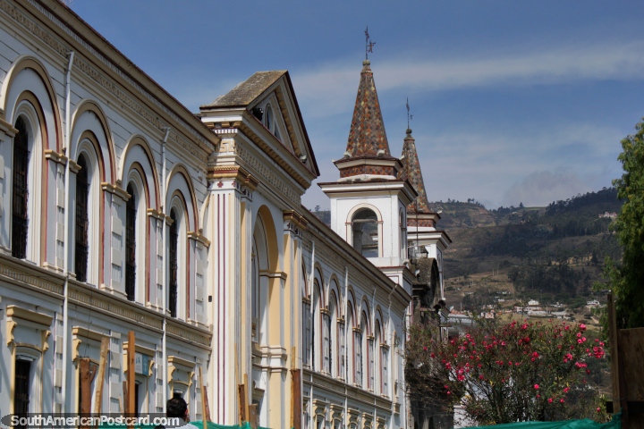 Cathedral towers and buildings around Pedro Moncayo Park in Ibarra. (720x480px). Ecuador, South America.