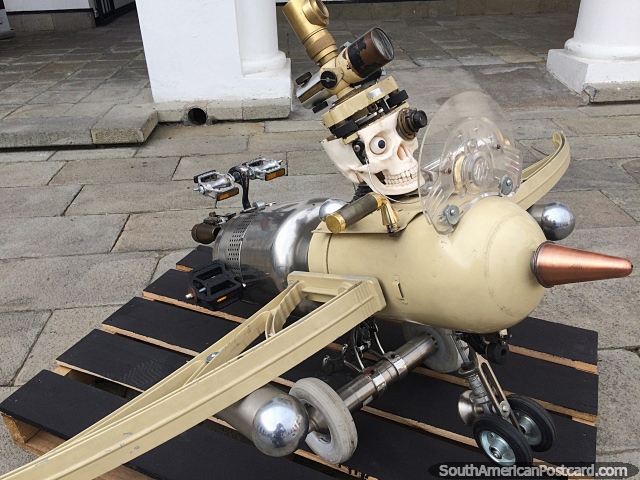 Airplane piloted by a skull man, the future is here, artist Ramon Burneo, Ibarra. (640x480px). Ecuador, South America.
