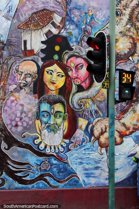 Wizards and goddesses with colored faces, fantastic street art in Ibarra. (480x720px). Ecuador, South America.