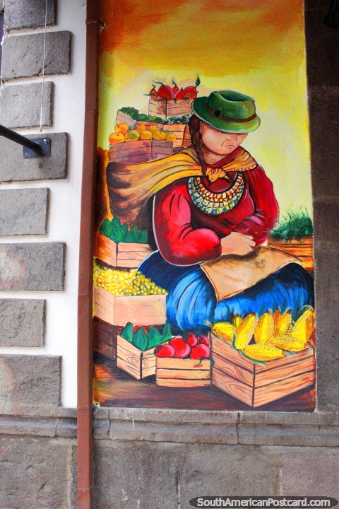 Mulher indgena e seus produtos de vegetais e frutas, arte de rua de Ibarra, cores agradveis. (480x720px). Equador, Amrica do Sul.