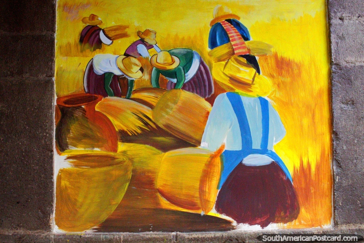 Agricultores en los campos de trigo y ollas de cermica, hermosa pintura y arte callejero en Ibarra. (720x480px). Ecuador, Sudamerica.