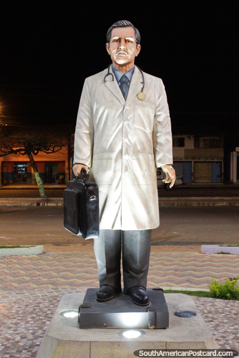 Doctor with a stethoscope and black briefcase, monument in San Lorenzo. (480x720px). Ecuador, South America.