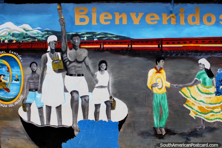 Mural de boas-vindas em San Lorenzo que apresenta cultura local e pessoas. (720x480px). Equador, América do Sul.
