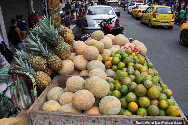 Melão de rocha, abacaxis e laranjas de venda na rua em Esmeraldas. (720x480px). Equador, América do Sul.