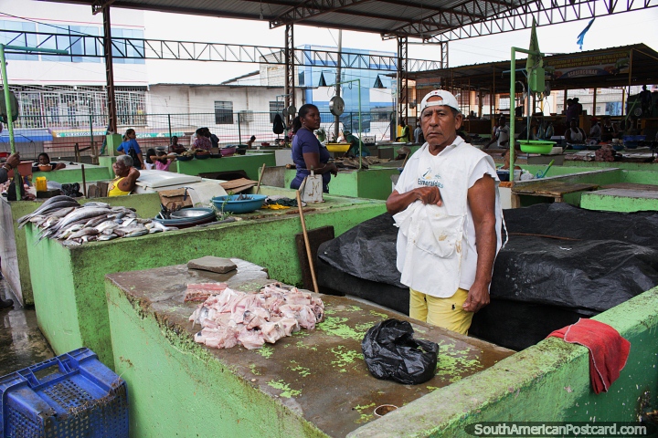 O homem com todo o seu coração está orgulhoso de trabalhar no mercado de peixes em Esmeraldas. (720x480px). Equador, América do Sul.
