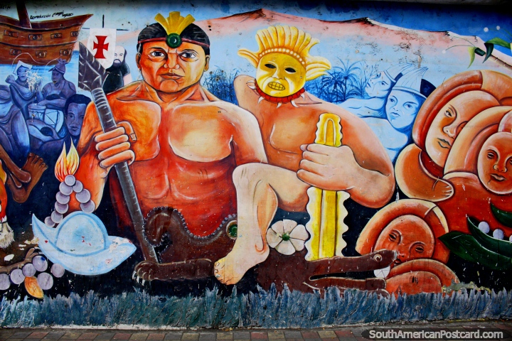 Cena com guerreiros indïgenas, arte de rua em Esmeraldas. (720x480px). Equador, América do Sul.