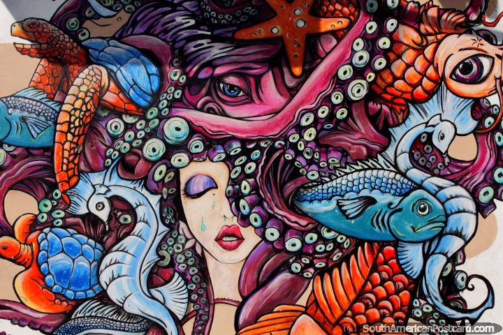 Vida do mar de simbolização de mural com um octópode, seahorse, tartaruga marïtima, estrela-do-mar e sereia em El Matal. (720x480px). Equador, América do Sul.