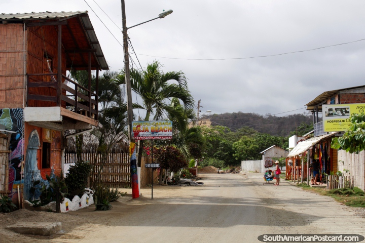 Hostels and beach shops in Canoa on a street near the beach. (720x480px). Ecuador, South America.