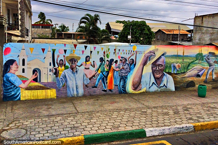 A populao da cidade celebra com dana, grande mural fantstico em Rocafuerte perto de Portoviejo. (720x480px). Equador, Amrica do Sul.