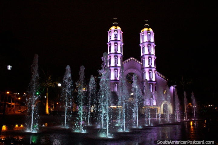 Cathedral in Portoviejo with changing light colors and fountain at night, spectacular. (720x480px). Ecuador, South America.