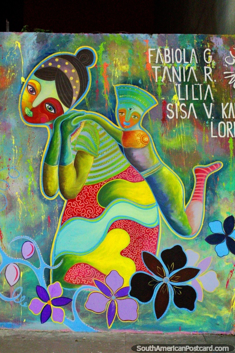 Woman carrying child on her back, street art with amazing colors and design in Machala. (480x720px). Ecuador, South America.
