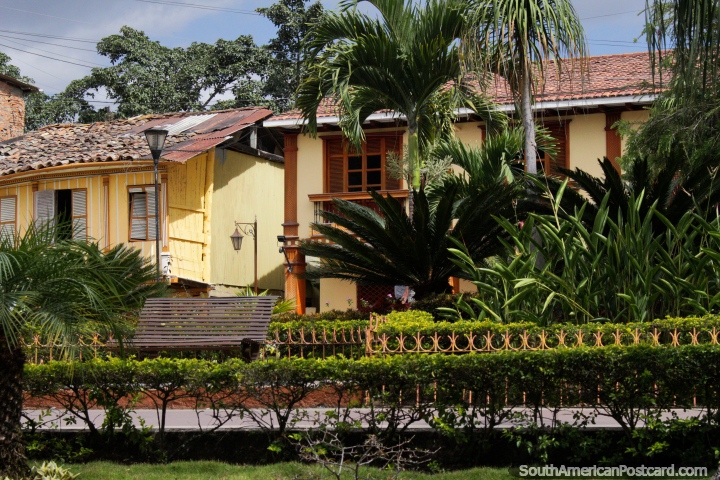 Independence Plaza and nice buildings of wood around it in Zaruma. (720x480px). Ecuador, South America.